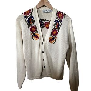 Autograph Sweater Chunky VTG Cardigan Floral Embroidered Hipster Casual Granny M